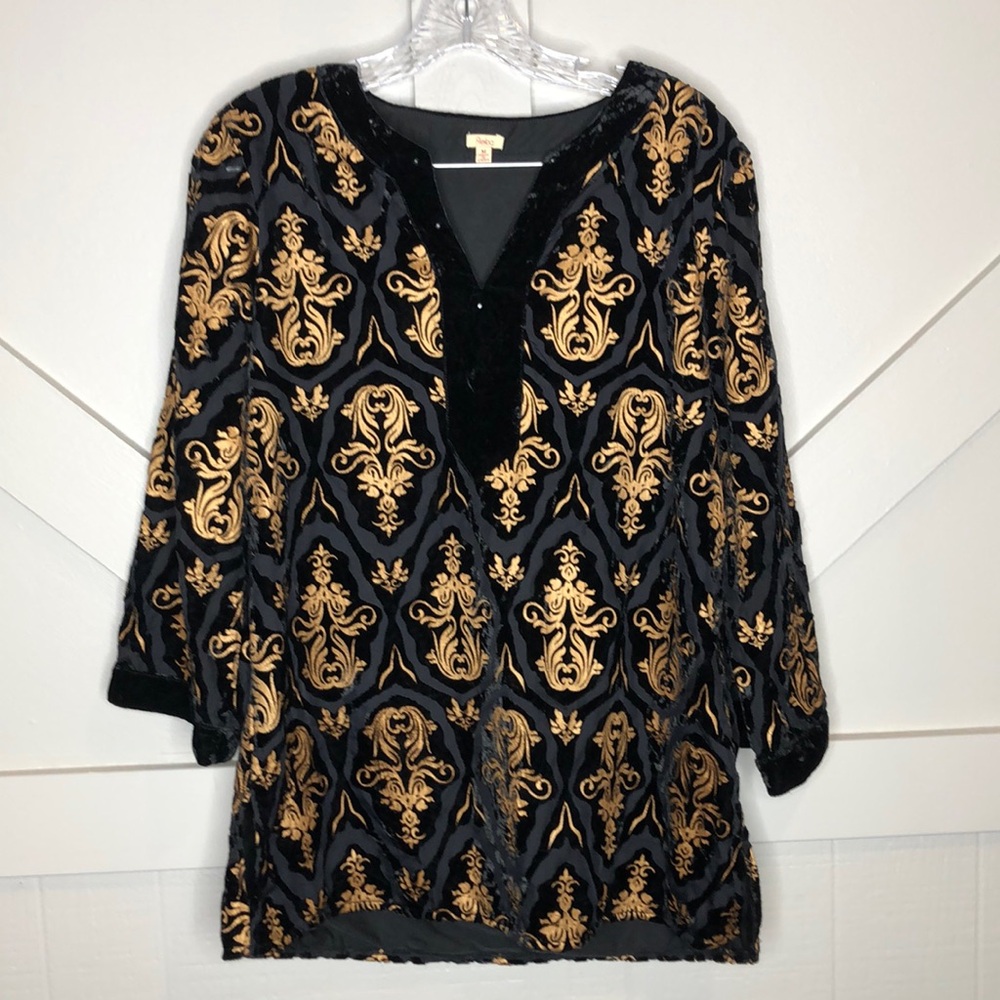 Reba Boho Glam Black Gold Velvet Burn Out Tunic Top Women’s Semi Sheer Fair Isle